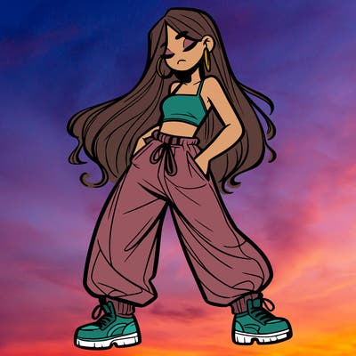 girl in baggy pants crop top and long hair