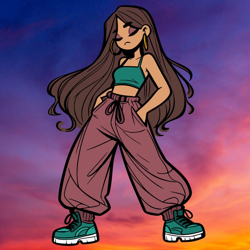 girl in baggy pants crop top and long hair