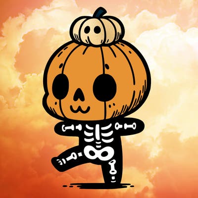 cute skeleton with a pumpkin on its head while dancing