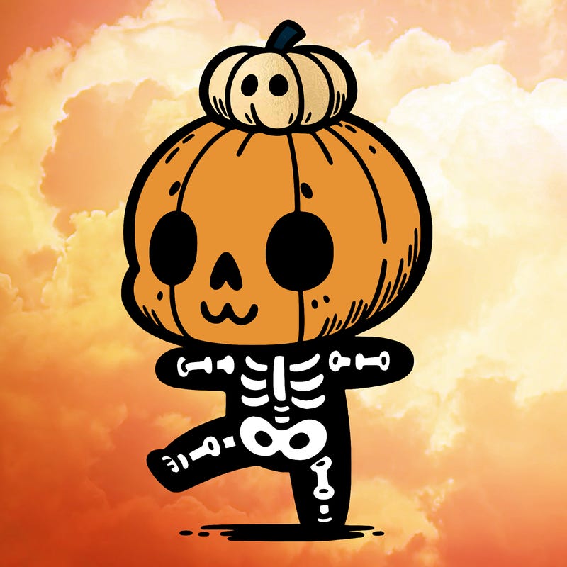 cute skeleton with a pumpkin on its head while dancing