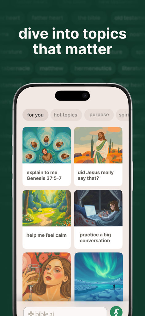 bible.ai - Chat about Anything - Interfaz de bible.ai mostrando diferentes temas de chat como explicación de escrituras, mensajes tranquilizadores y guía vital.