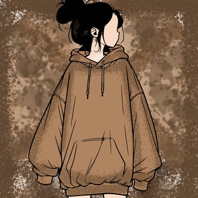realistic girl with a oversized sweatshirt on and a bun
