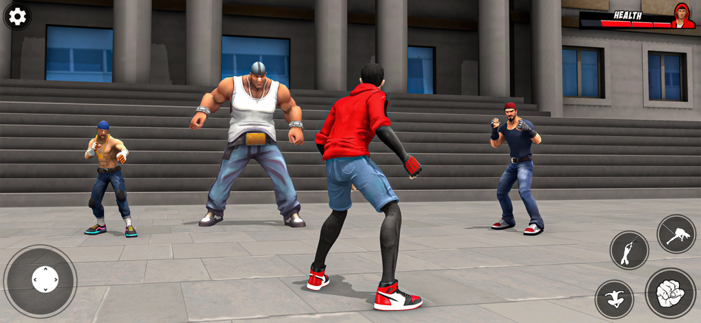 Um super-herói em um capuz vermelho enfrentando um grupo de bandidos em um jogo de luta urbano