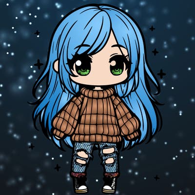 chibi girl with ripped jeans,long hair, and an oversized sweater
