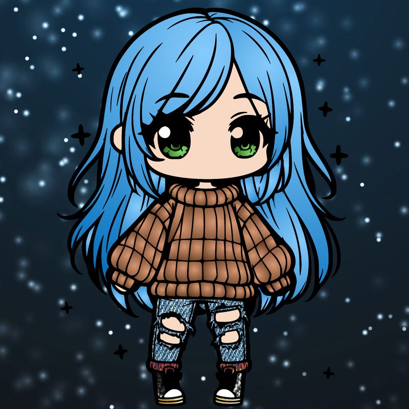 chibi girl with ripped jeans,long hair, and an oversized sweater