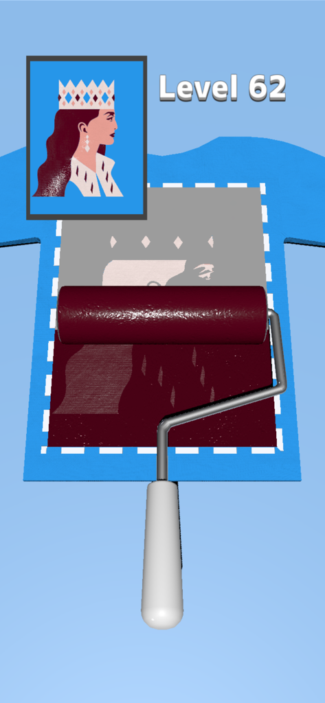 Masking Print - A paint roller applying red ink to a queen stencil on a blue t-shirt in the Masking Print game