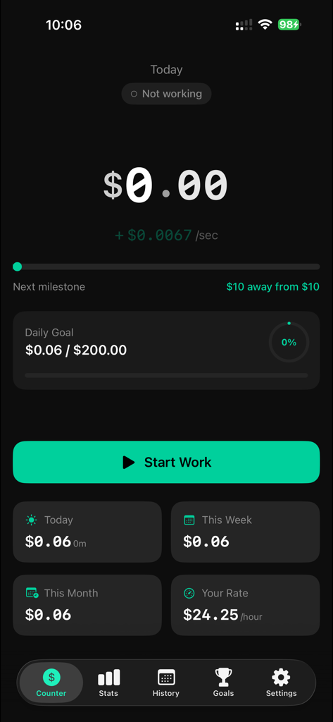 Sallary Online Tracker - Main dashboard of the CashFlow app showing real time salary accumulation and daily earnings goals