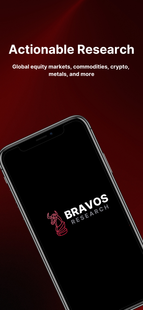Bravos Research - Bravos Research mobile app home screen showing actionable research for global markets including equity and crypto