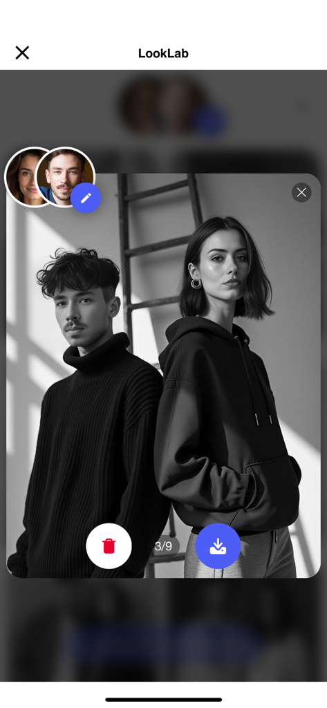 A black and white AI stylized portrait of a man and woman using the LookLab feature in Photo Lab.