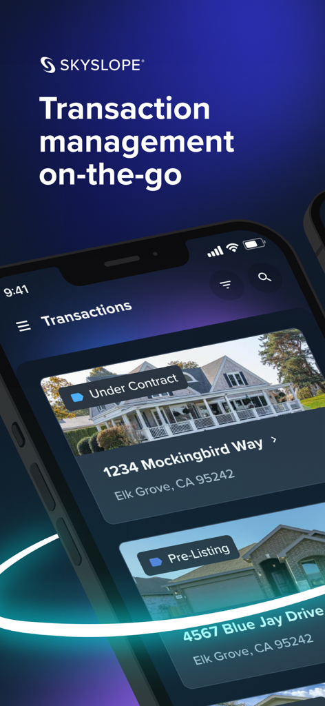 SkySlope mobile app screen showing a list of real estate transactions including properties under contract and pre-listing
