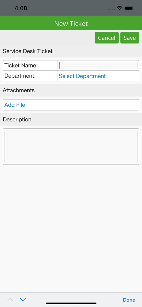 Operative IQ Mobile - Operative IQ Mobile app screen for creating a new service desk ticket with department and description fields.