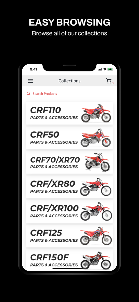 Faster-Minis - The Faster-Minis app collections screen showing a list of Honda CRF pitbike parts and accessories with model images.