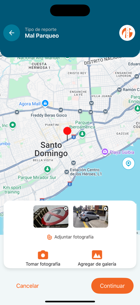 INTRANT RD - INTRANT RD App-Oberfläche zur Meldung von Falschparkern in Santo Domingo mit Karten- und Foto-Anhangsfunktionen