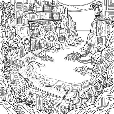 Discover a mesmerizing blend of natural beauty and futuristic tech with this Cyberpunk Cove Beach coloring page. Immerse yourself in a detailed scene where serene waters meet high-tech architecture and neon-inspired circuitry.