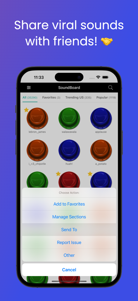 MyInstants SoundBoard Buttons - Smartphone screen showing the MyInstants app with a grid of viral sound buttons and a menu to share sounds with friends.