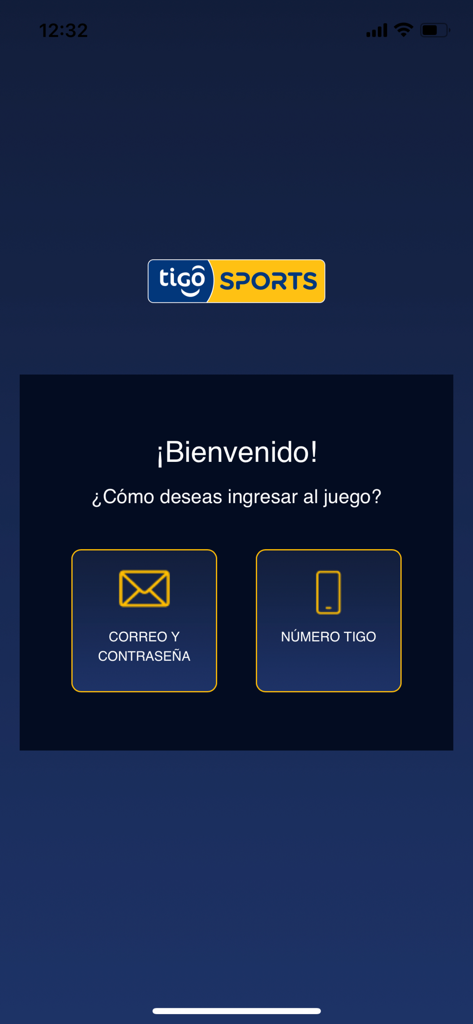 Tigo Sports Guatemala - Login screen for the Tigo Sports Guatemala app featuring options to sign in with email or a Tigo phone number.
