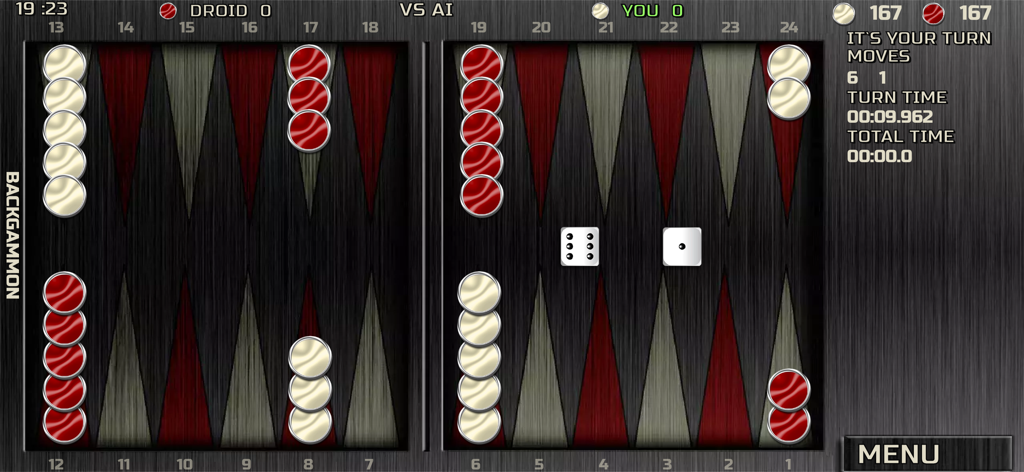 Backgammon 18 Online & Offline - Digital backgammon board game interface showing a match against AI with dice and checkers