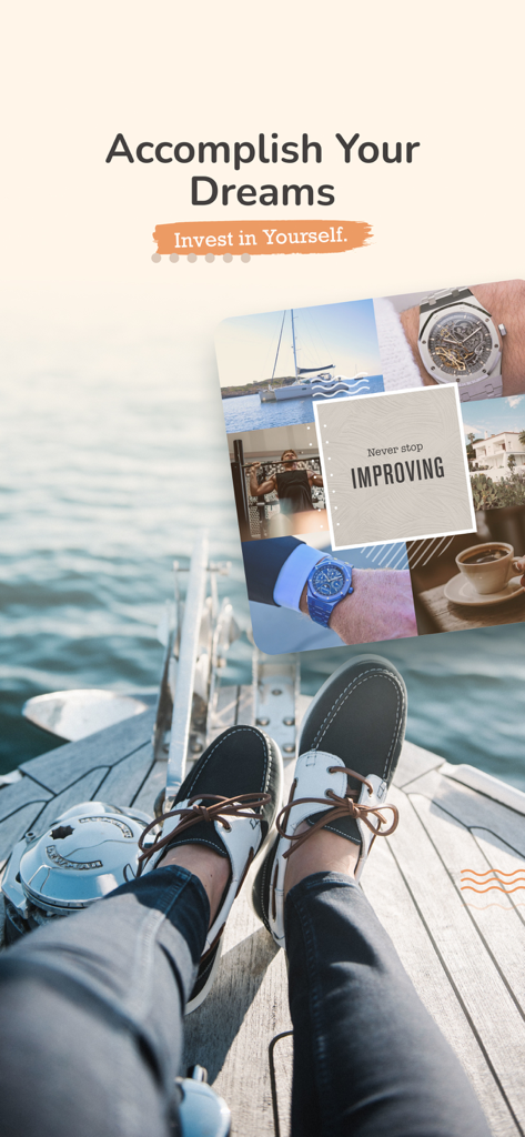 2026 Vision Board Maker Vizzy - A digital vision board with images of a yacht luxury watch and fitness goals titled Accomplish Your Dreams