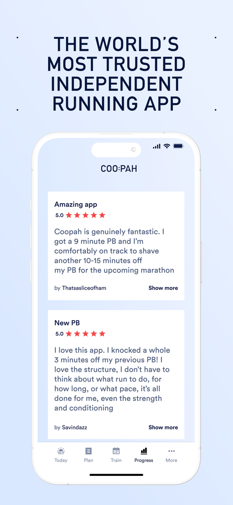 Coopah: The Run Coaching App - Two positive user reviews for Coopah running app showing five star ratings and mentions of personal records.