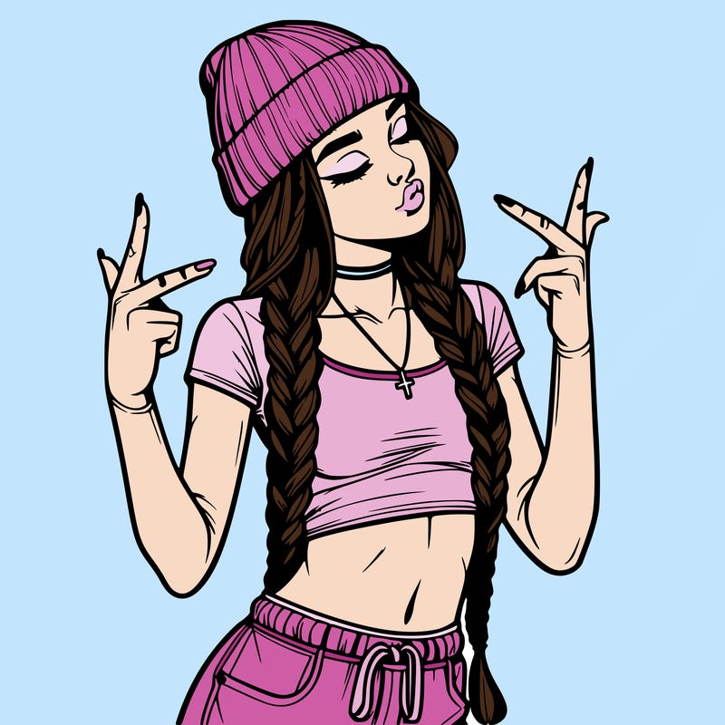realistic teenage girl with braids and a beanie and crop top doing 🫶🏼