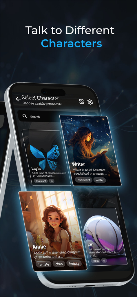Layla - Character selection screen in the Layla AI app showing different AI personas.
