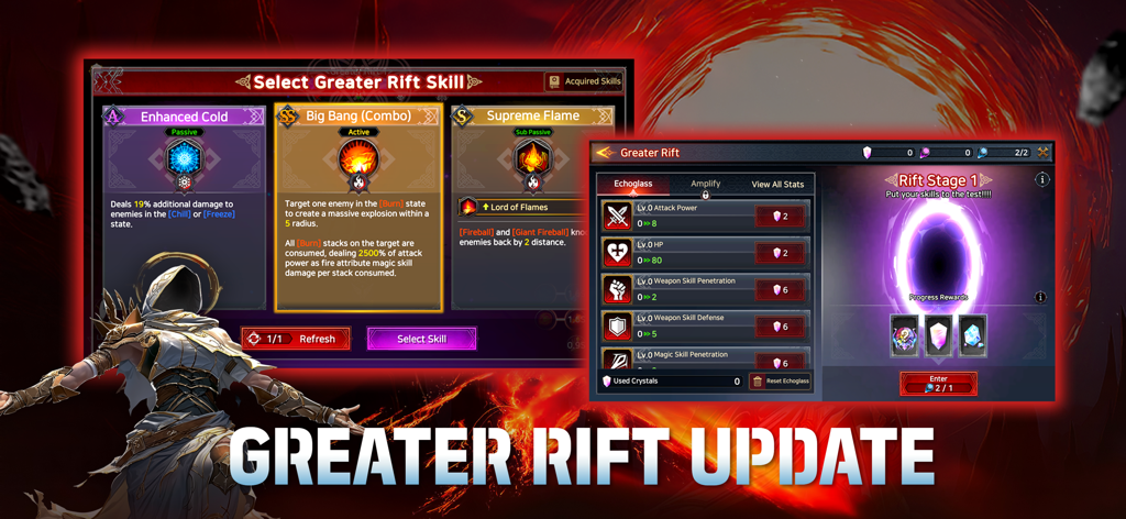 Immortal Rising 2 Greater Rift Update-Bildschirm, der die Skill-Auswahl und die Charakterstatistiken zeigt