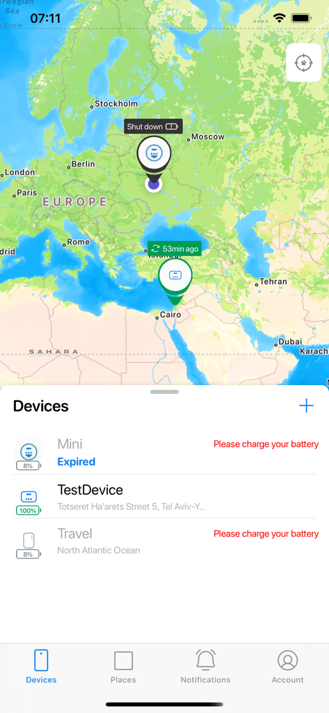 Trackimo + - Trackimo plus app showing real time GPS device locations on a map and a devices list