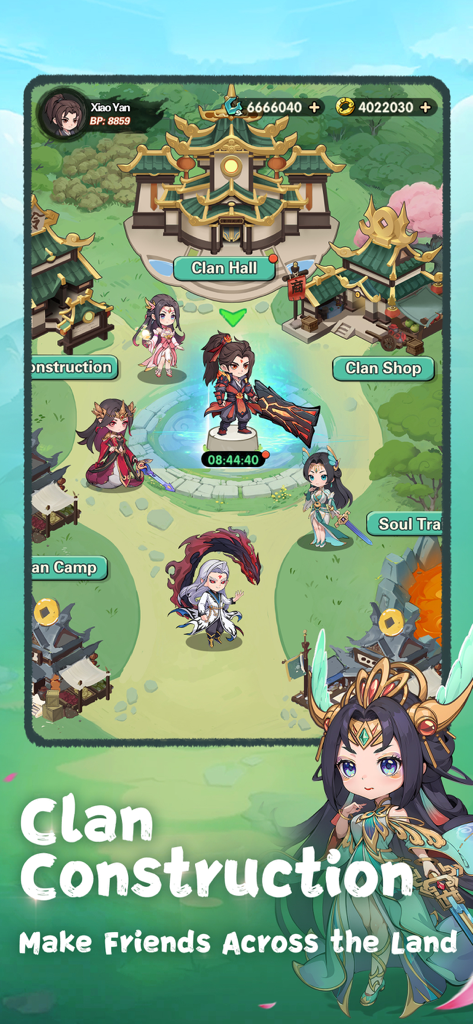 Battle Through the Heavens 2D - Clan Construction screen in Battle Through the Heavens 2D showing building upgrades and chibi characters