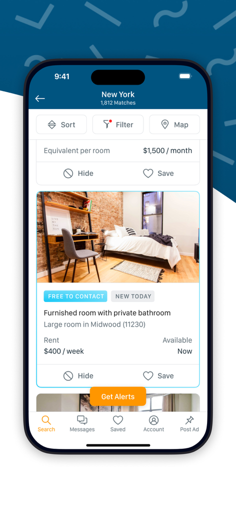 SpareRoom US - SpareRoom US app showing furnished room rental listings in New York City