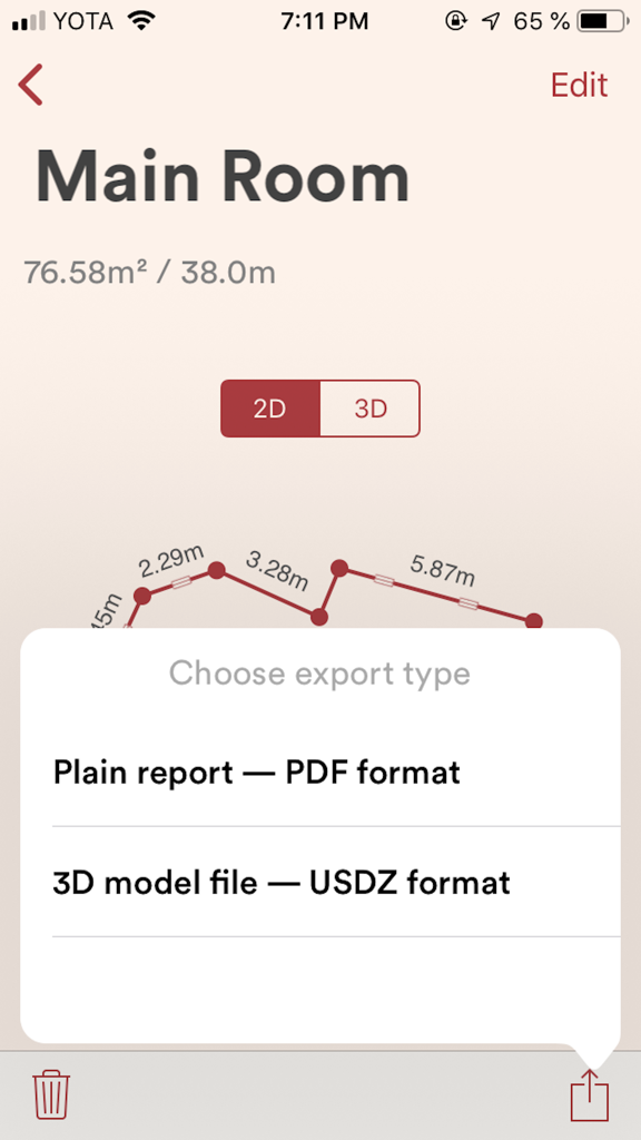 Schermata dell'app PlanKit che mostra le opzioni di esportazione della planimetria per i formati PDF e USDZ