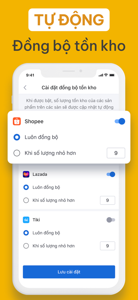 Salework - Mobile app interface of Salework showing automatic inventory synchronization settings for e-commerce platforms like Shopee and Lazada.