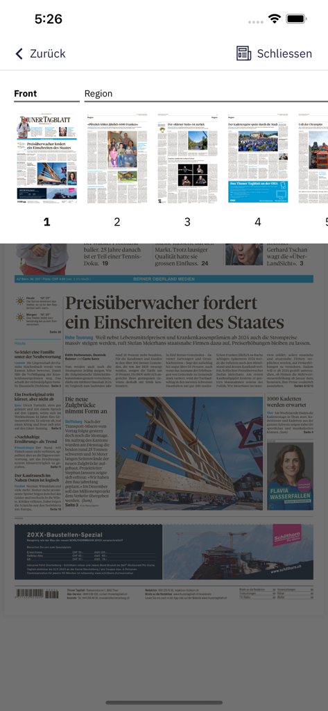 Interface of the BZ Thuner Tagblatt E-Paper app showing a digital newspaper page and navigation thumbnails