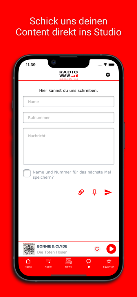 Radio WMW App-Bildschirm mit einem Formular zum Senden von Nachrichten und Medien an das Studio
