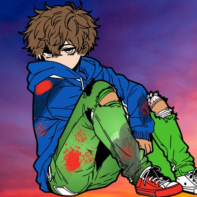 a male hoddie ripped jeans messy hair anime