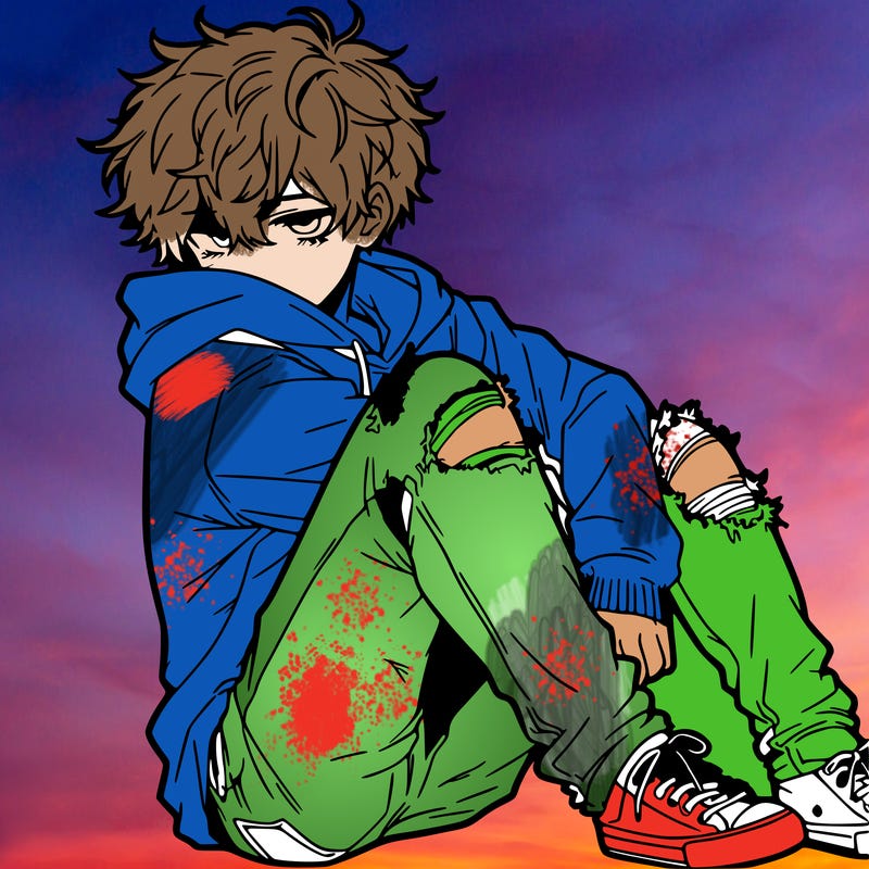 a male hoddie ripped jeans messy hair anime