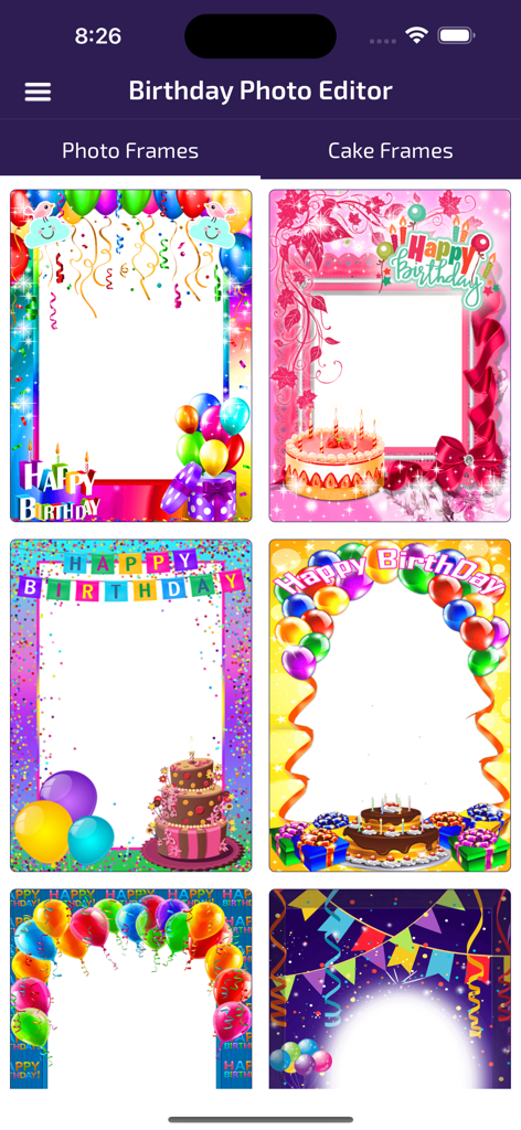 Birthday Photo Frames - Editor - Una selección de marcos festivos de fotos de cumpleaños con globos y pasteles en una aplicación móvil.