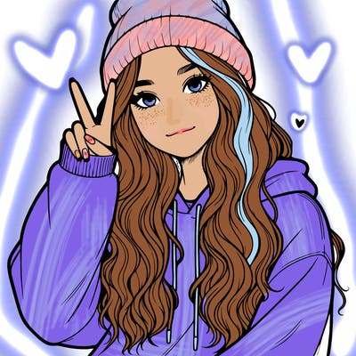 a teenage girl in a beanie, oversized sweatshirt, wavy long hair, and is showing a ✌️