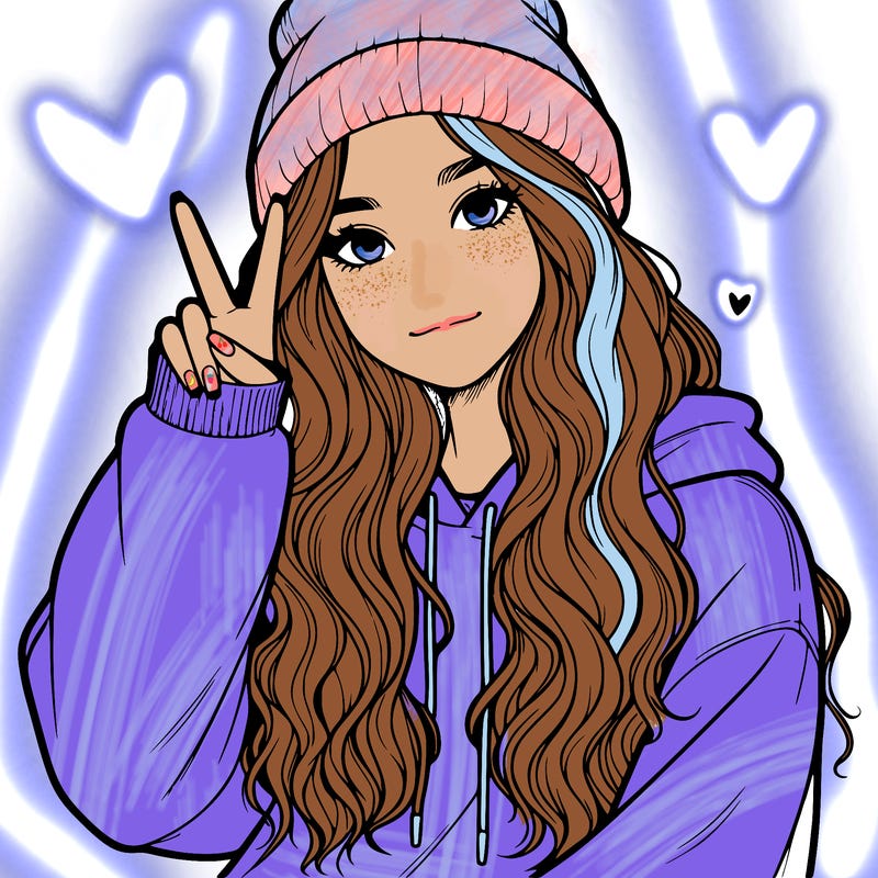 a teenage girl in a beanie, oversized sweatshirt, wavy long hair, and is showing a ✌️