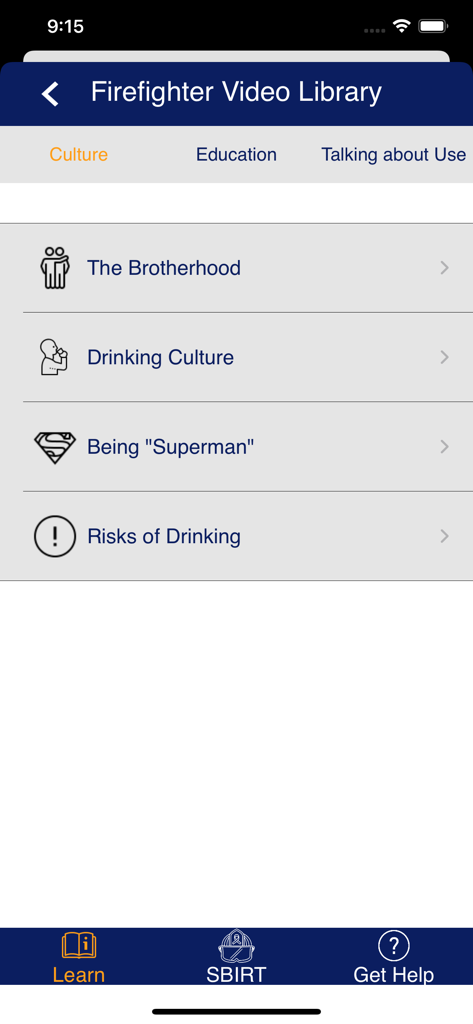 Interface of the Alcohol Use and Misuse app showing a video library for providers focused on firefighter culture