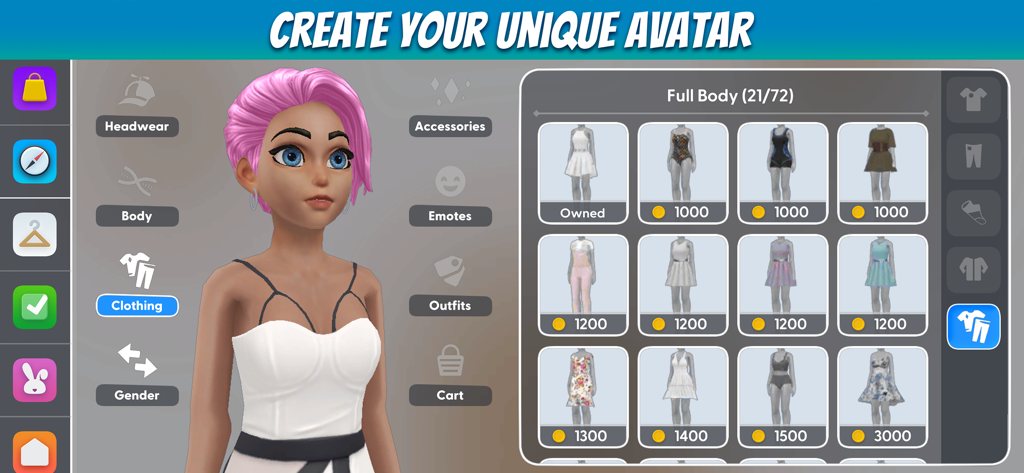 Virtual Sim Story: Life & Home - Interface de criação de avatar em Virtual Sim Story mostrando personalização de personagem 3D e opções de roupas