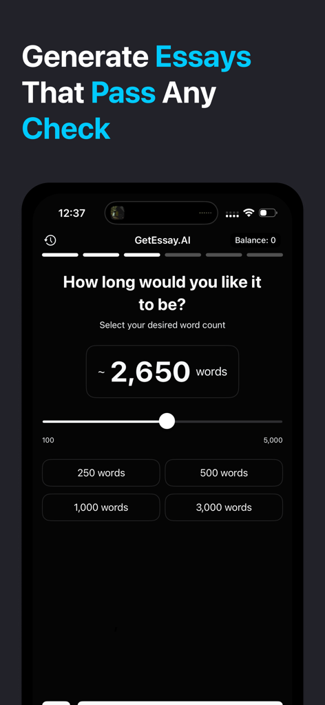 Essay Writer: GetEssay AI - Una schermata dell'app mobile che mostra uno slider e pulsanti preimpostati per scegliere il conteggio delle parole per un saggio generato dall'IA.