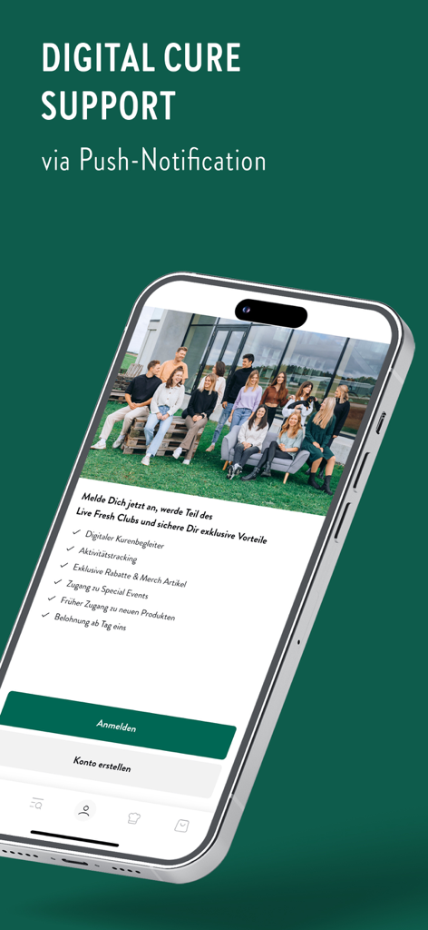 LiveFresh app interface displaying digital cure support and membership benefits on a smartphone screen.