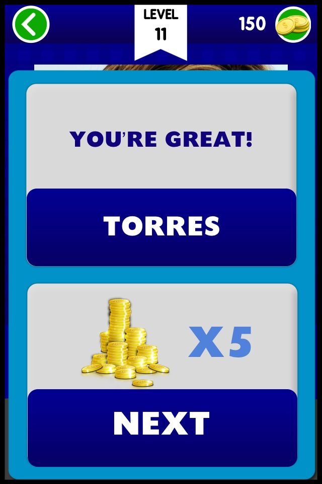Football player logo team quiz game: guess who's the top new real fame soccer star face pic - A success screen in a football trivia game showing the correct answer Torres and earned gold coins reward