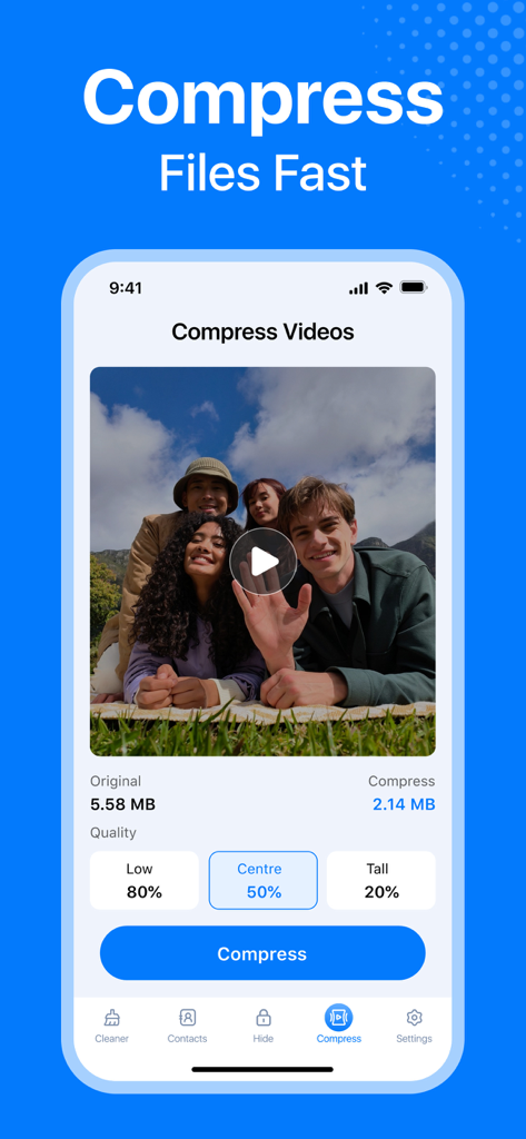 Cleaner: Phone Cleaning App - Screenshot of the Cleaner app video compression feature showing a file size reduction from 5.58 MB to 2.14 MB