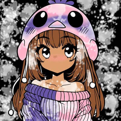 anime girl with chick shaped hat with sweater with bare shoulders with bangs covering them one eye with low tail