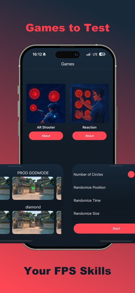 Valo AIM app interface for testing FPS skills with AR shooter and reaction games