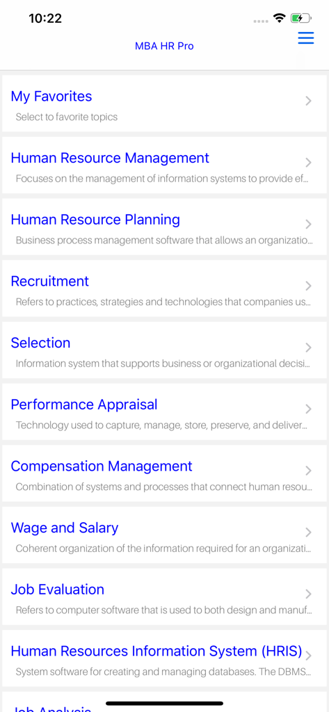 Menu do aplicativo MBA Gestão de Recursos Humanos mostrando módulos de estudo como recrutamento e avaliação de desempenho