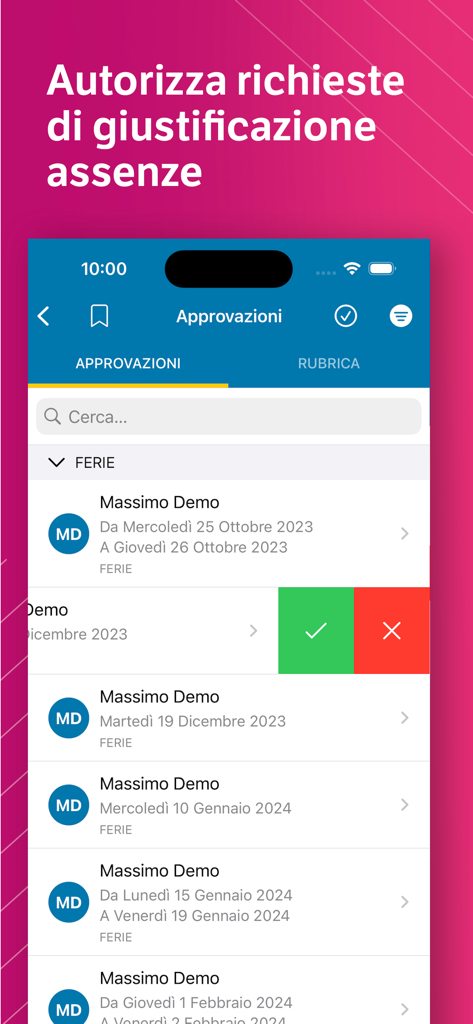 TeamSystem HR - Schermata mobile dell'app TeamSystem HR che mostra un elenco di richieste di ferie e assenze dei dipendenti per l'approvazione del responsabile