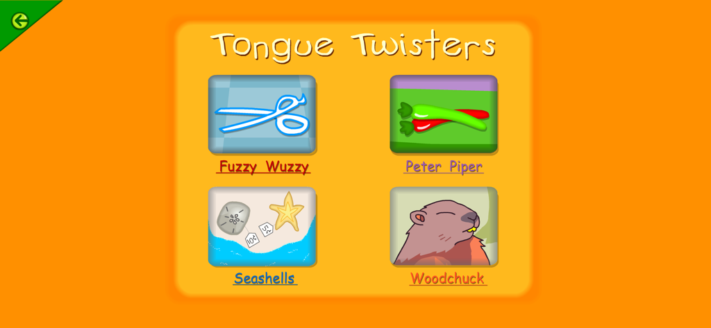 Tongue twisters selection screen in the Starfall It's Fun to Read app