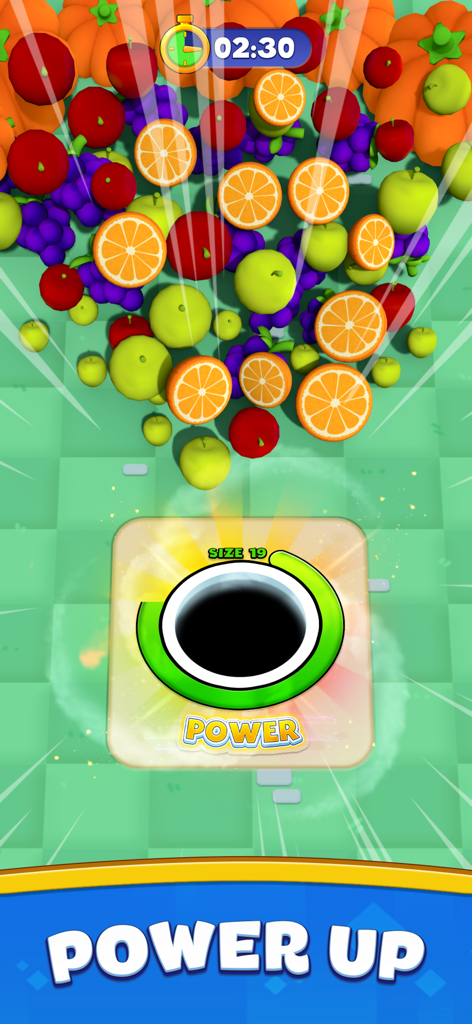 Hole Collect: Black Hole 3D - A black hole collecting fruits on a power up screen in Hole Collect 3D game